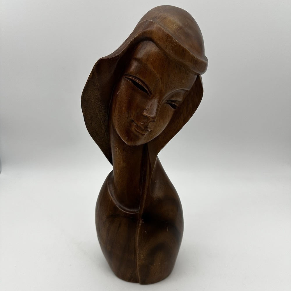 Vintage Wooden Hand-Carved Sculpture Bust Of Sister Anne Eugenia Cronin MCM 15"